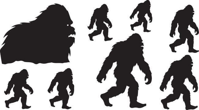 Bigfoot silhouettes in various walking positions vector