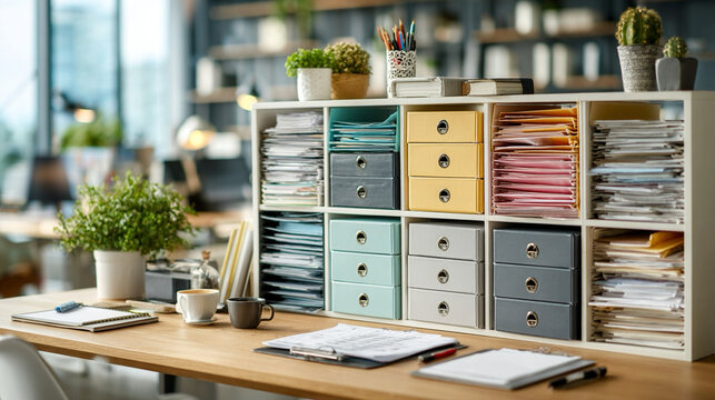 Corporate audit setup with organized office files, documents, folders, professional workspace, modern interior, productivity-focused desk setup