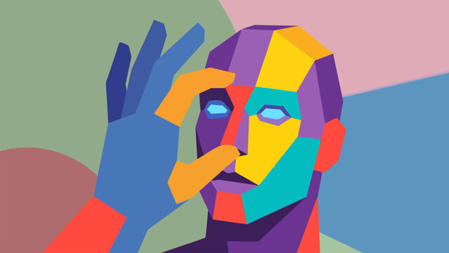 Flat vector illustration of a hand fine-tuning a colorful geometric humanoid robot head. Concepts of machine learning, AI development, and digital creation.