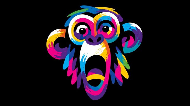 Whimsical, vibrant monkey logo pops with dark colors on a black background. Abstract art for shirts and merchandise.