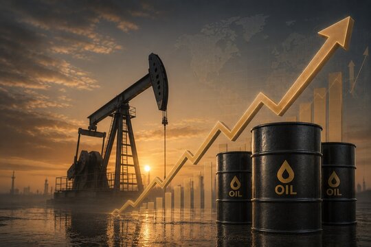 Global oil price surge concept with rising financial chart and crude barrels at sunset, energy market growth, petroleum industry investment, inflation and commodities trading background