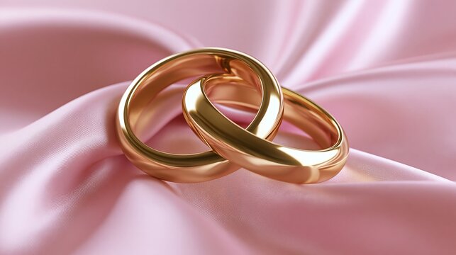 Gold rings join on soft pink satin, showing endless love.