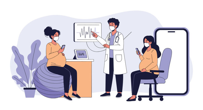 Healthcare setting with pregnant women using mobile apps to connect with a doctor who monitors fetal heart rates on his screen.
