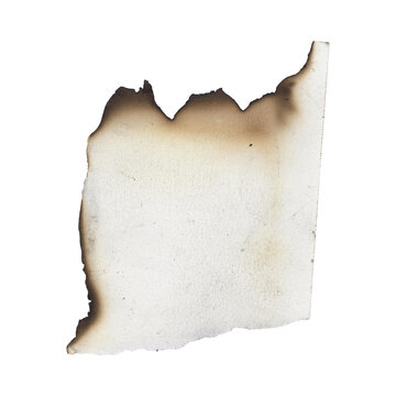 Single piece of white paper with scorched burnt edges isolated on transparent background