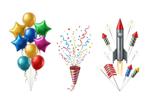 Colorful party balloons with confetti popper and firework rockets for celebration events and festive holidays isolated on transparent background