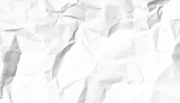 Halftone crumpled paper texture with black a dotted, rough, and wrinkled surface. Wite creased sheet background in comic pop-art style, featuring grainy folds and gritty distressed details.