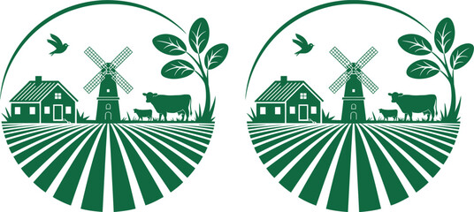 Fototapeta premium Two circular emblems depicting a rural landscape with windmills houses cows trees representing farming or countryside life village life countryside