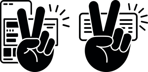 Fototapeta premium Two hands showing peace sign with smartphone screens in background victory sign hand gesture social media smartphone technology communication