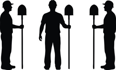 Worker silhouettes holding shovels in different construction labor poses © Milon Store