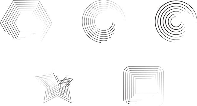 Abstract minimalist geometric line shapes set, vector linear symbols of circle, hexagon, star, and square with thin parallel lines for modern logo design.