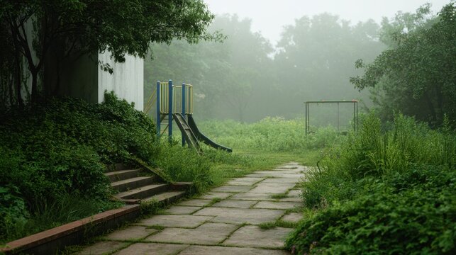 A foggy playground overgrown with greenery, featuring rusting equipment and old steps