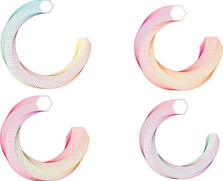 Abstract 3D hexagonal wireframe spiral shapes set, vector colorful gradient geometric line art elements with twisted motion effect on white background.