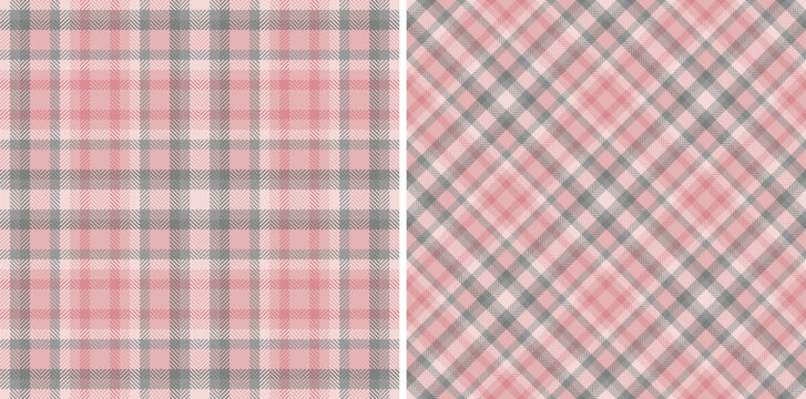 Two coordinated seamless pink and gray plaid patterns. Versatile for textile design, backgrounds, or creating cozy, comforting visuals for various creative projects.