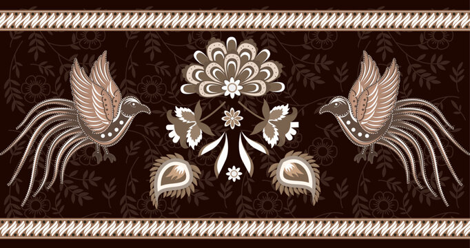 Traditional batik border with stylized phoenix and floral ornament