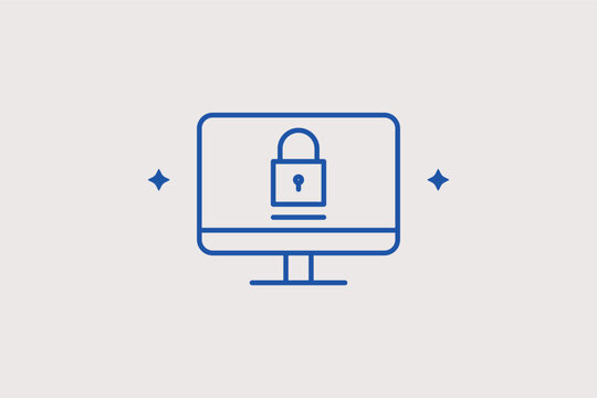 Secure desktop monitor line icon for computer workstation protection. Practical vector illustration for office IT security and hardware safety guides.