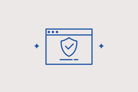 Web firewall line icon featuring a browser with a checkmark shield. Reassuring vector illustration for website security certificates and SSL protection.
