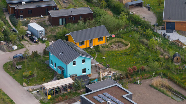 Eco Village Almere aerial views. Sustainable residential area.