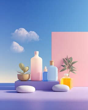 Pastel skincare product display with bottles, potted plants and spa stones against blue sky and pink backdrop