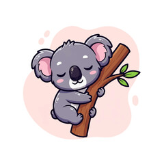 Fototapeta premium Adorable vector flat design illustration of a cute koala sleeping peacefully on a tree branch with soft pink background