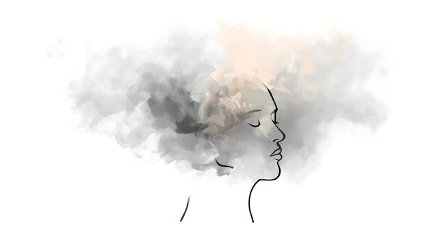 Artistic Profile Silhouette Of A Woman Head With Abstract Smoke Cloud Hair In Grey And Peach Tones