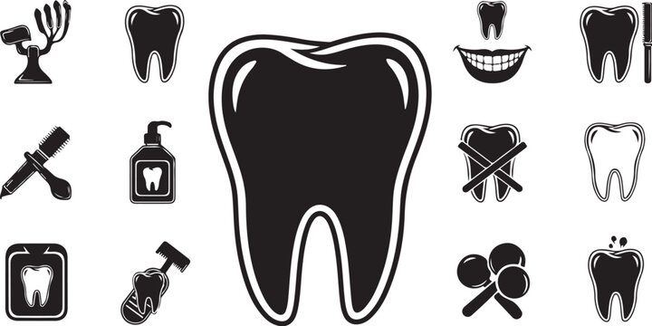 Dental care icons and tooth graphics collection