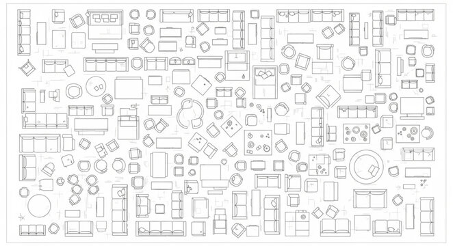 Architectural floor plan drawing with furniture and trees.