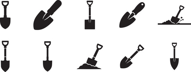 Garden shovel icon set with outline digging tools and hand shovel vector illustrations. © Mst.Atina