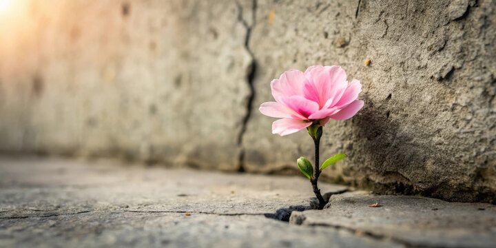 A delicate pink blossom bravely emerges from a fissure in weathered stone, symbolizing resilience and the indomitable spirit of life's tenacity