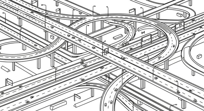Complex highway interchange aerial view sketch drawing.