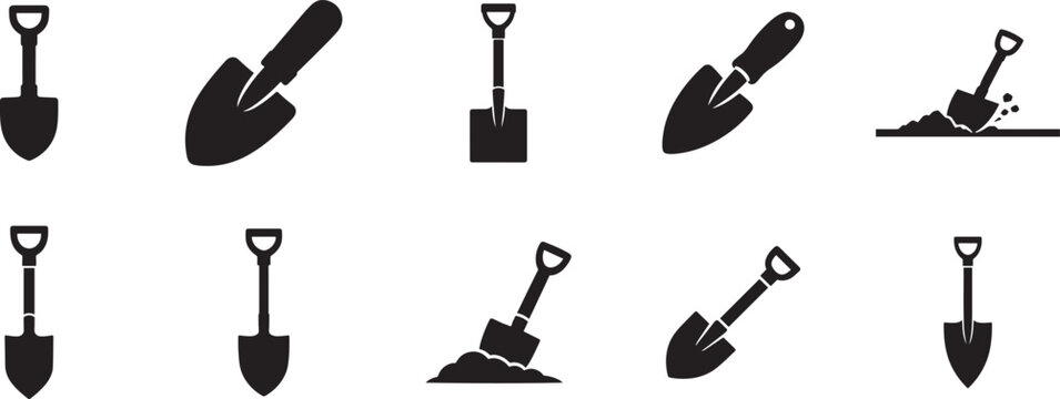 Garden shovel icon set with outline digging tools and hand shovel vector illustrations.