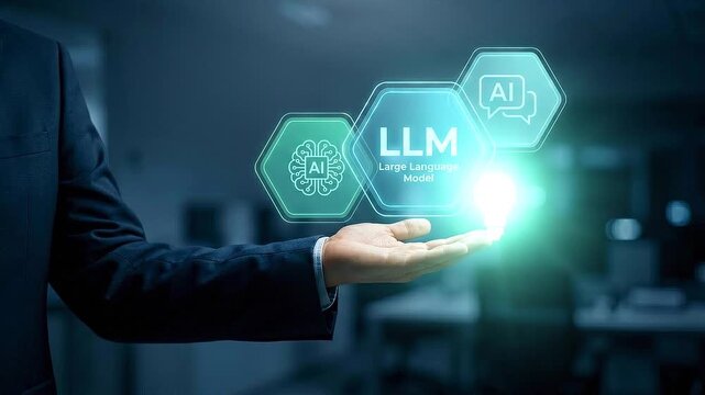 Business professional presenting large language model holographic concept with neural network brain and chatbot icons for artificial intelligence technology and enterprise automation innovation
