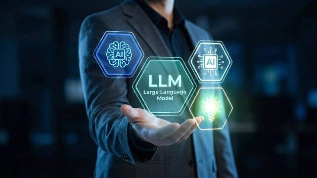 Business executive showcasing large language model technology with artificial intelligence brain circuit and lightbulb icons for enterprise neural network and deep learning innovation
