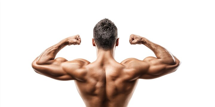 Close-up of a muscular Caucasian man flexing his biceps and showing his back