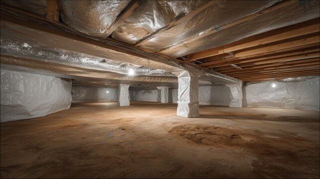Crawl space encapsulation showing sealed vapor barrier on walls and ceiling, insulated rim joist, support column, and clean dirt floor for moisture and mold control.