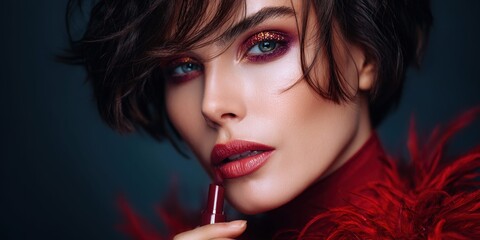 Fototapeta premium Glamorous woman with bold red lipstick and sparkling eyeshadow applies makeup