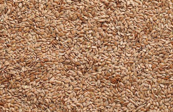 Brown flax seeds in big pile on table close up. Large amount of flax seeds