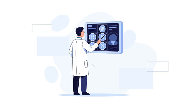 Doctor studying brain scans and dental x-rays on a digital display