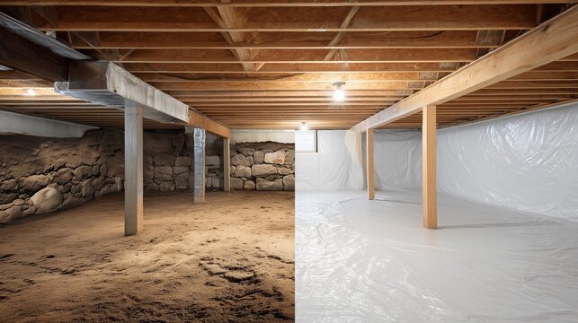 Crawl space encapsulation before and after effect showing dirt and exposed joist on left and sealed white vapor barrier with clean support post on right, illustrating moisture control and insulation.