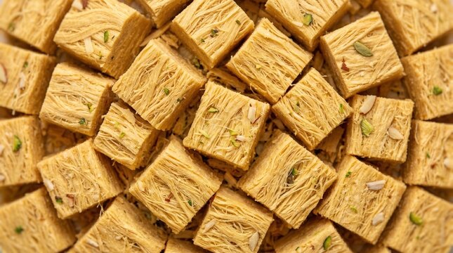 Golden brown squares of Sohan Papdi a popular Indian crispy flaky sweet snack made from gram flour ghee sugar and nuts arranged closely together