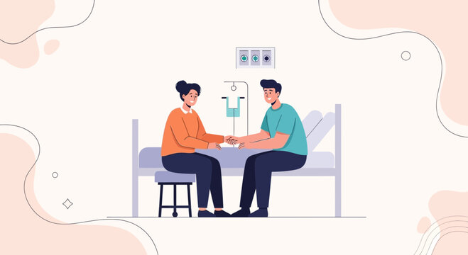 Caring Visitor Holds Patient's Hand in Hospital Room with IV Drip