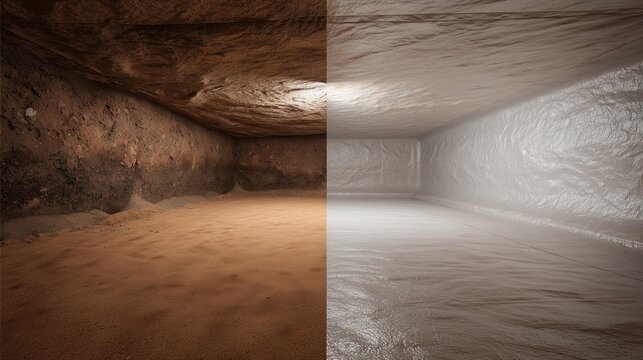 Crawl space encapsulation before and after effect showing untreated dirt floor and damp walls on left and sealed vapor barrier with clean white lining on right, main object, crawl space.