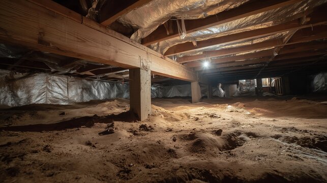 Dim crawl space with exposed joist, dirt floor, insulation and moisture damage suggesting hidden mold remediation and basement waterproofing need.