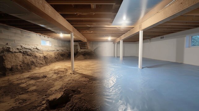 Crawl space encapsulation before and after effect showing dirt floor left side and sealed vapor barrier floor and insulated walls right side with support post and sill beam.