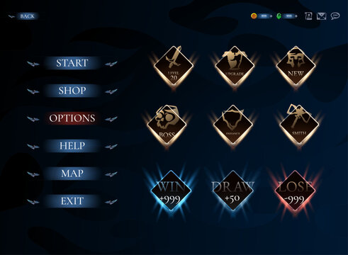 Fantasy RPG Game Menu Interface With Buttons Panels Icons and Result UI