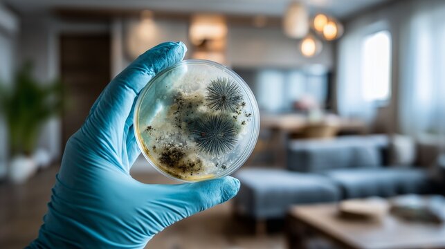 Gloved hand holding mold culture dish in living room indicating hidden mold inspection and remediation need.