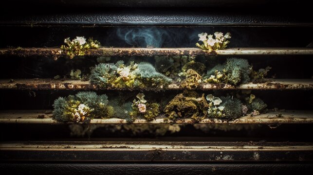 Close-up of hidden mold growth on a dark vent or grate, highlighting indoor air quality risk and need for mold remediation.