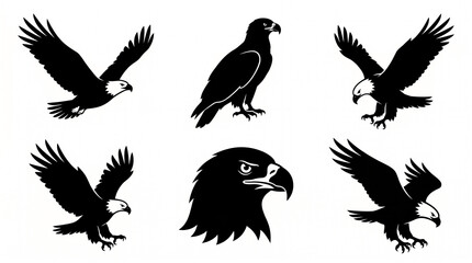 Fototapeta premium Bald Eagle Silhouette Vector Sheet – Six Poses – Soaring Wings Up, Perched Profile, Diving Talons Forward, Landing Wings Back, Head Close-Up, Nesting with Wings Spread 