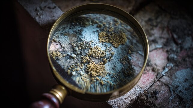 Magnifying glass inspecting hidden mold colony on wall surface, symbolizing hidden mold remediation and inspection.