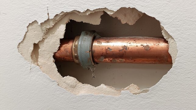 Hole in wall exposing copper pipe in attic context suggesting moisture damage and mold remediation need.
