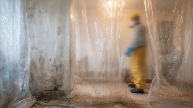 Contractor in protective suit inspecting hidden mold behind plastic containment in basement during remediation.